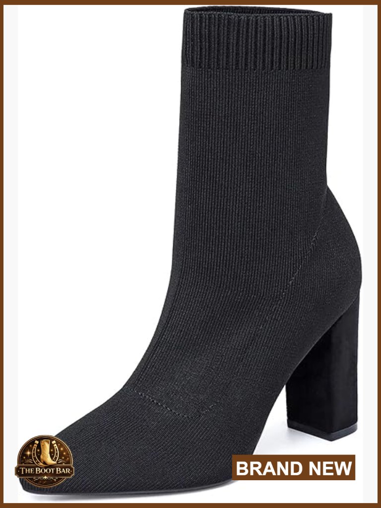 Pointed Toe Chunky Heeled Ankle Boots, Knit Sock Booties, Slip-On Dress Boots